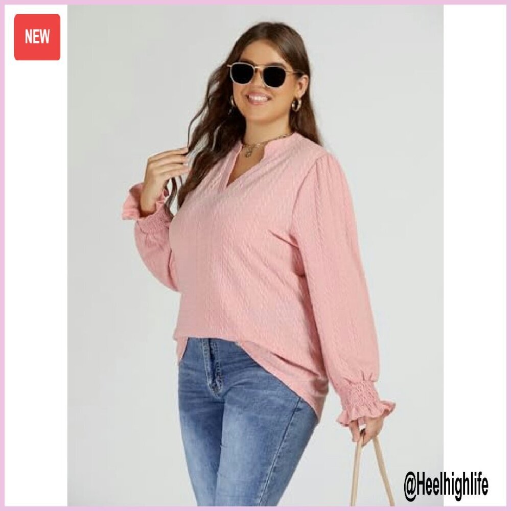 Plus Size Long Sleeve Tunic with V Neck and Puff Sleeves - Picture 5 of 6